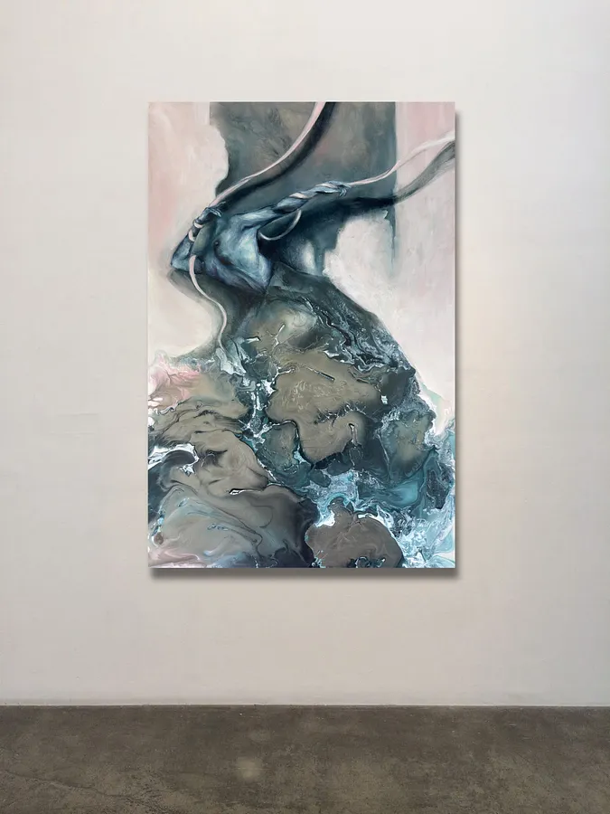 Image of The runaway by Yuliia Poraiko (Palij), size: 36 × 24 in (90x60 cm), made of Oil, acrylic on board, Painting medium, from Rochester, part of the Dedicated to women series, priced at $1400