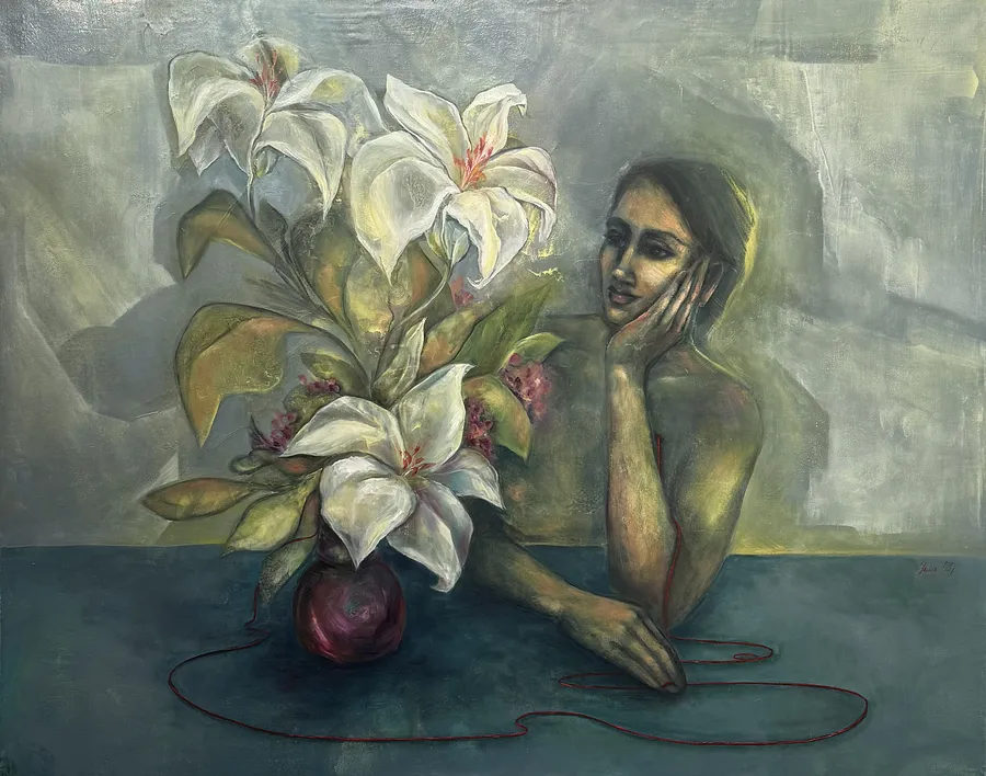 Image of Conversation with lilies by Yuliia Poraiko (Palij), size: 120 x 95 cm, made of Oil, acrylic on canvas, ARTWORKS medium, from Rochester, USA, part of the Genetic Memory series, priced at $1900
