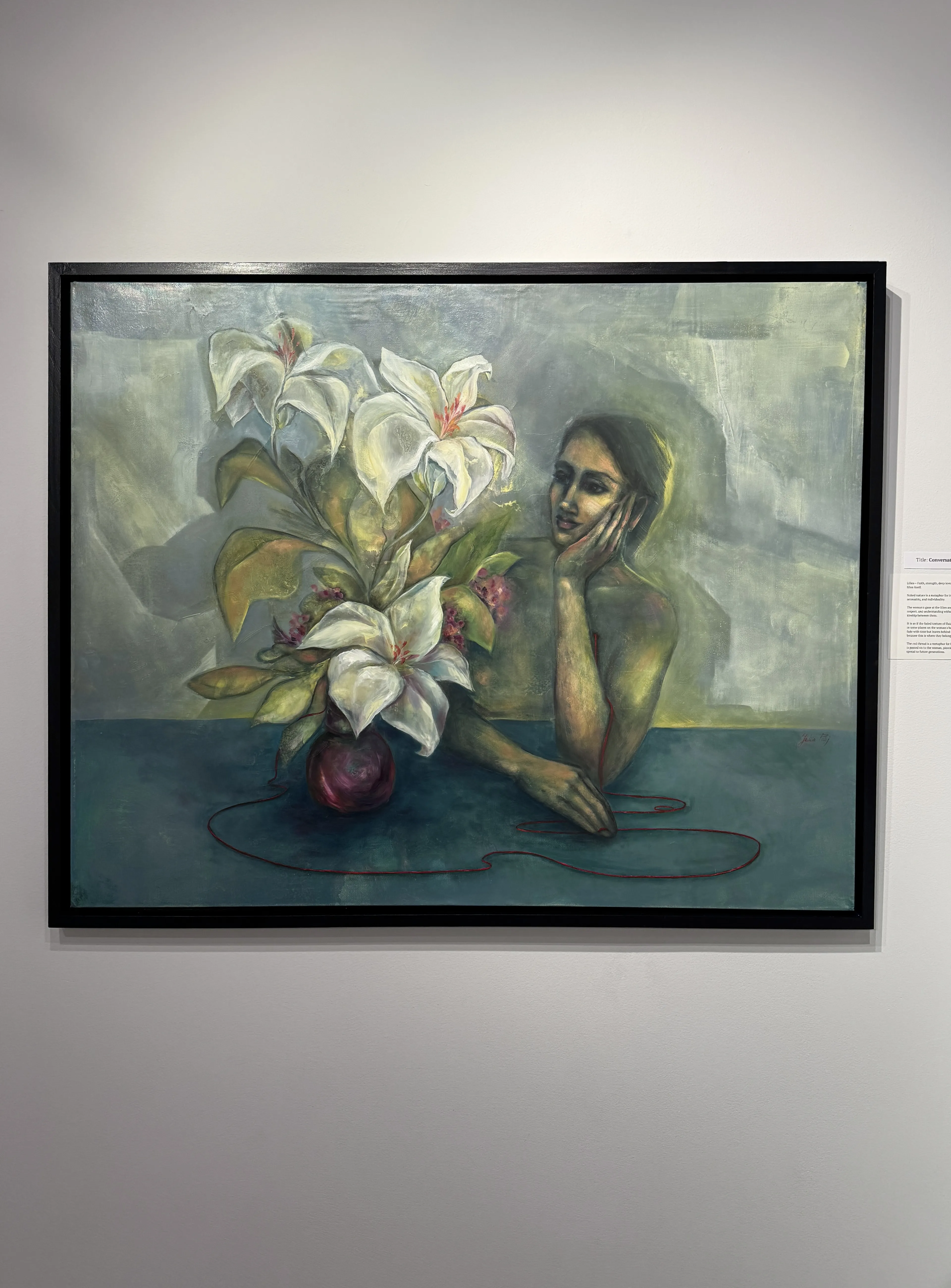 Image of Conversation with lilies by Yuliia Poraiko (Palij), size: 120 x 95 cm, made of Oil, acrylic on canvas, ARTWORKS medium, from Rochester, USA, part of the Genetic Memory series, priced at $1900 Photo 3 of 6.