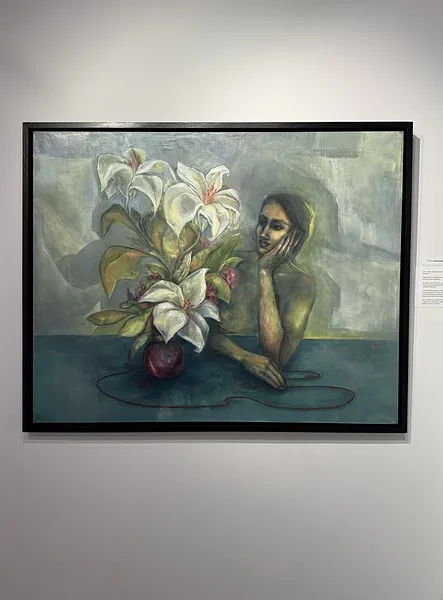 Image of Conversation with lilies by Yuliia Poraiko (Palij), size: 120 x 95 cm, made of Oil, acrylic on canvas, ARTWORKS medium, from Rochester, USA, part of the Genetic Memory series, priced at $1900 Photo 3 of 6.