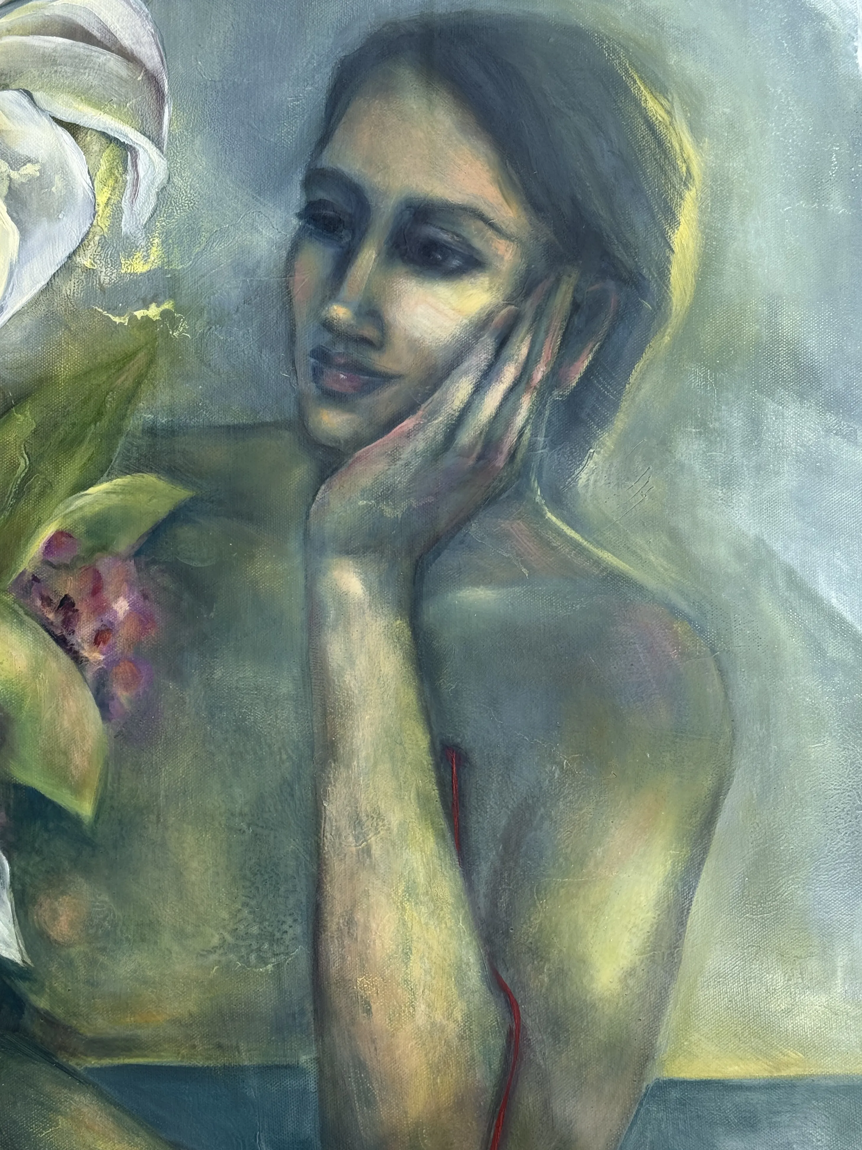 Image of Conversation with lilies by Yuliia Poraiko (Palij), size: 120 x 95 cm, made of Oil, acrylic on canvas, ARTWORKS medium, from Rochester, USA, part of the Genetic Memory series, priced at $1900 Photo 4 of 6.