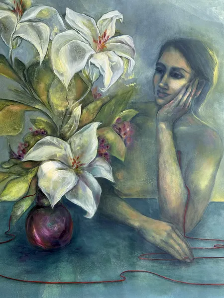 Image of Conversation with lilies by Yuliia Poraiko (Palij), size: 120 x 95 cm, made of Oil, acrylic on canvas, ARTWORKS medium, from Rochester, USA, part of the Genetic Memory series, priced at $1900 Photo 5 of 6.