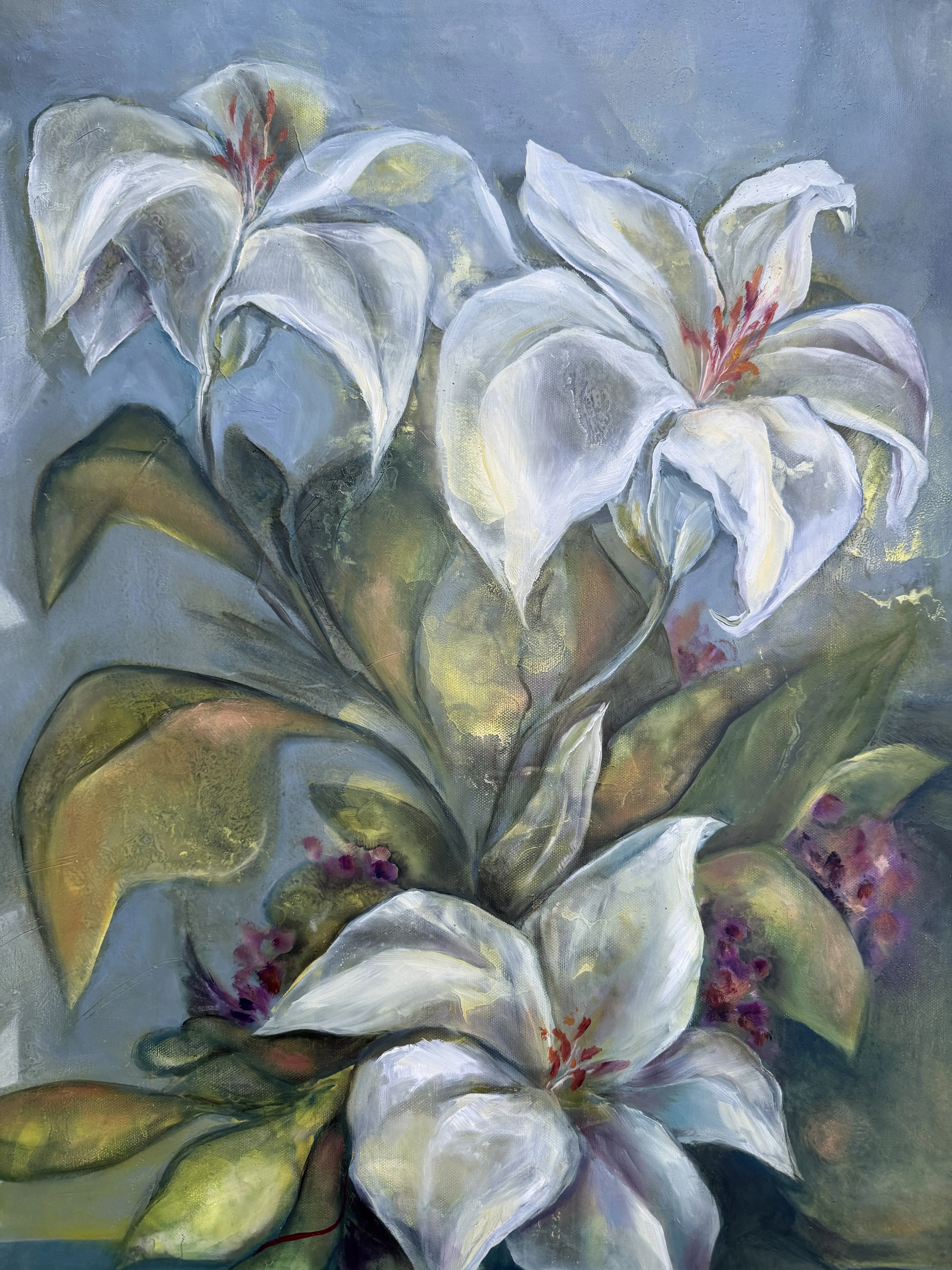Image of Conversation with lilies by Yuliia Poraiko (Palij), size: 120 x 95 cm, made of Oil, acrylic on canvas, ARTWORKS medium, from Rochester, USA, part of the Genetic Memory series, priced at $1900 Photo 6 of 6.